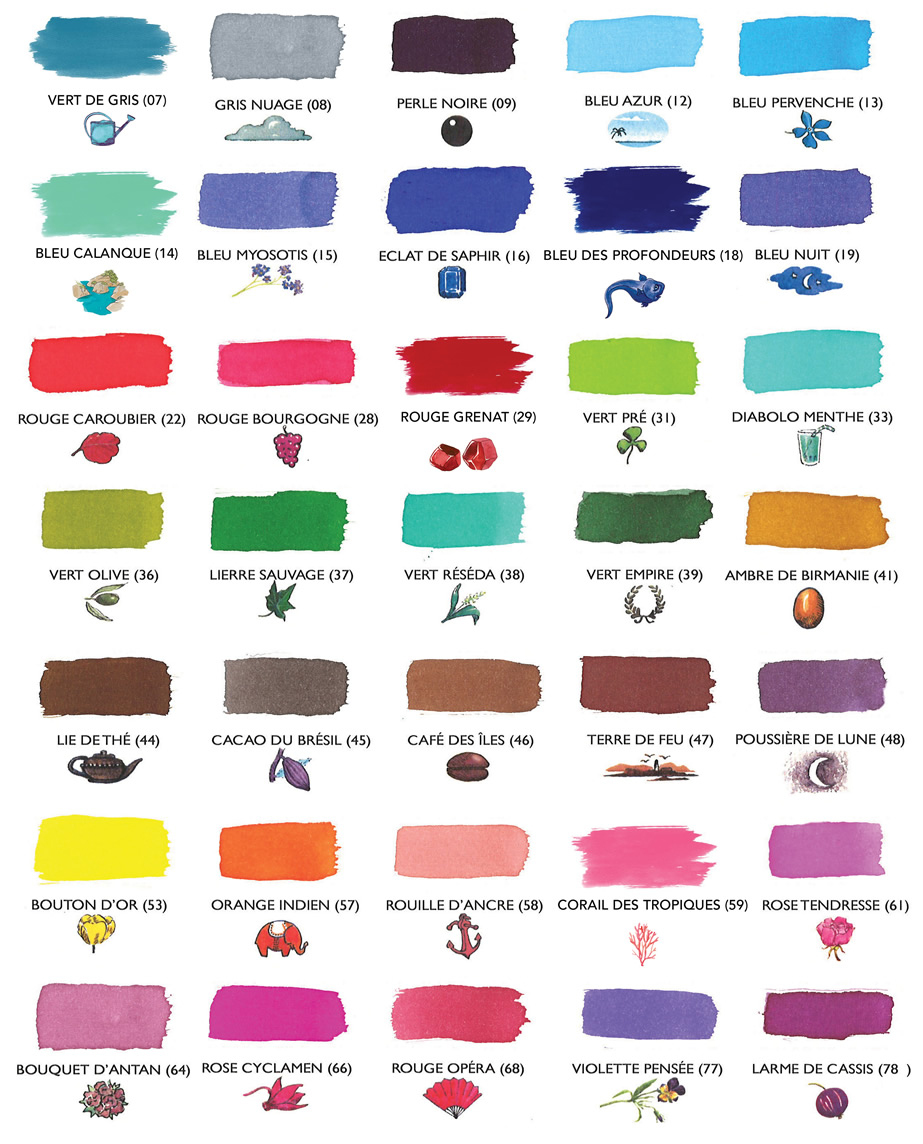 The Pearl of Inks is available in these 30 colors.